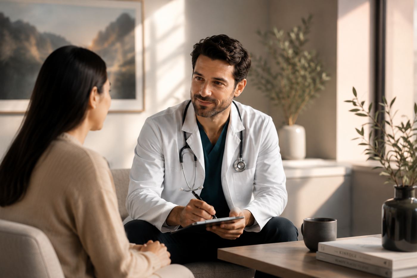 Specialist consulting with a patient while Falcon Health captures the visit in the background