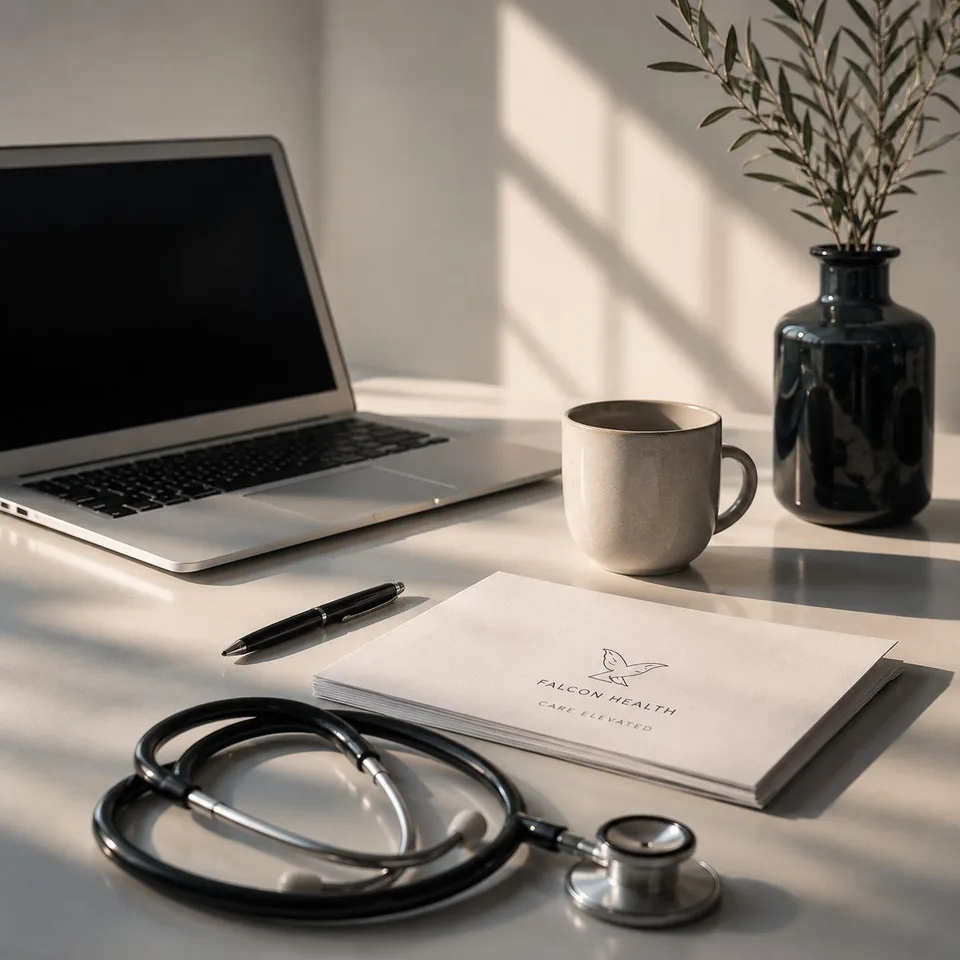Printed Falcon Health letter beside a laptop, ready for review and sending