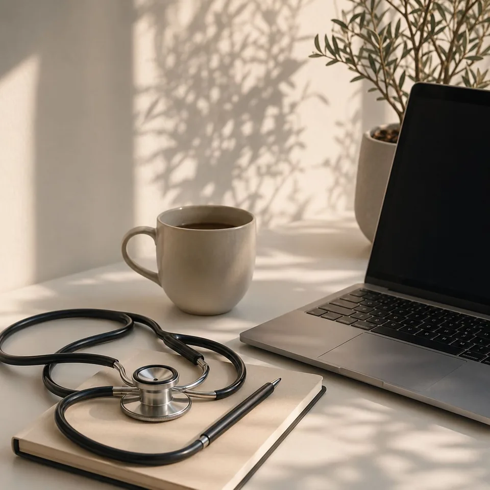 Clinician's desk with a laptop, coffee and stethoscope, ready to import a referral